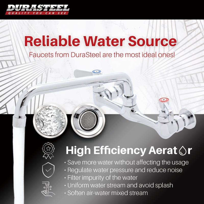 DuraSteel Kitchen Sink Faucet Wall Mount - DuraSteel 8" Center Commercial Kitchen Sink Faucet with 12" Swivel Spout - Dual Lever Handles - Brass Constructed & Chrome Polished - Image 2